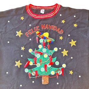 Ugly Christmas Sweater Chili Peppers Limes Lemons Sombrero Embellished Blinged L